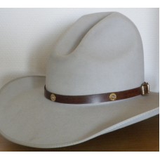 Handmade VGP Leather Hat Band In Medium Brown with Winchester 44/40 Concho. Coral Rivets.